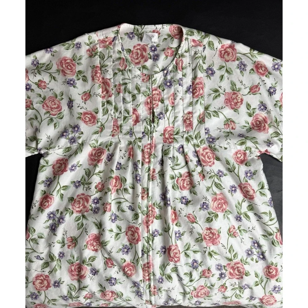 Talbots Intimates Vintage Floral Kaftan Robe 100% Cotton Partial Zip Housecoat L